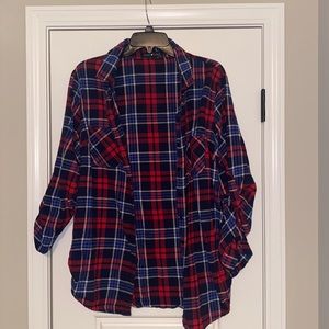 Women’s navy and red plaid button up